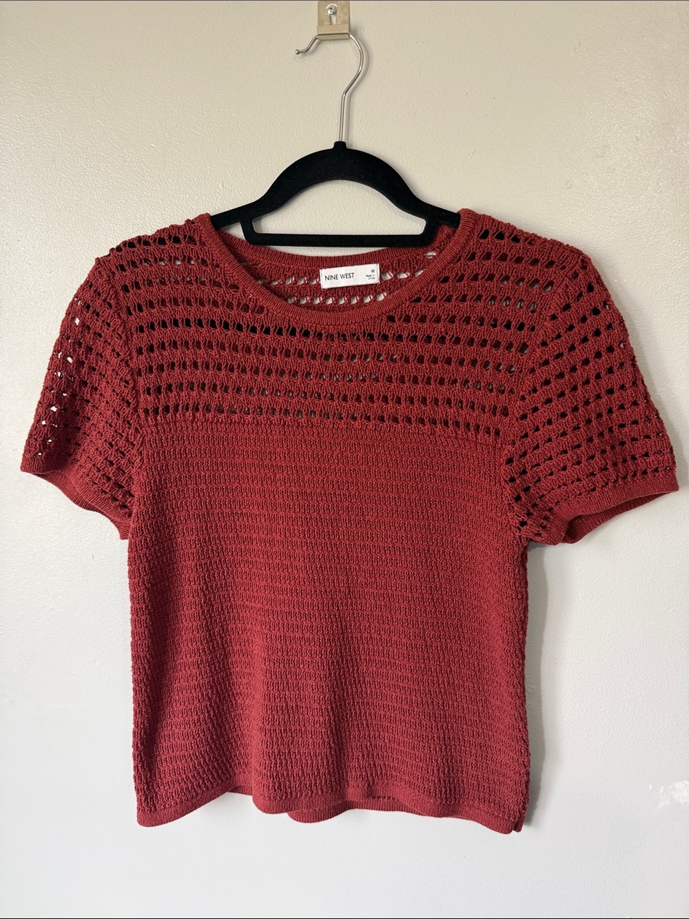 Nine West Brick Rust Short-Sleeve Crochet Knit Top